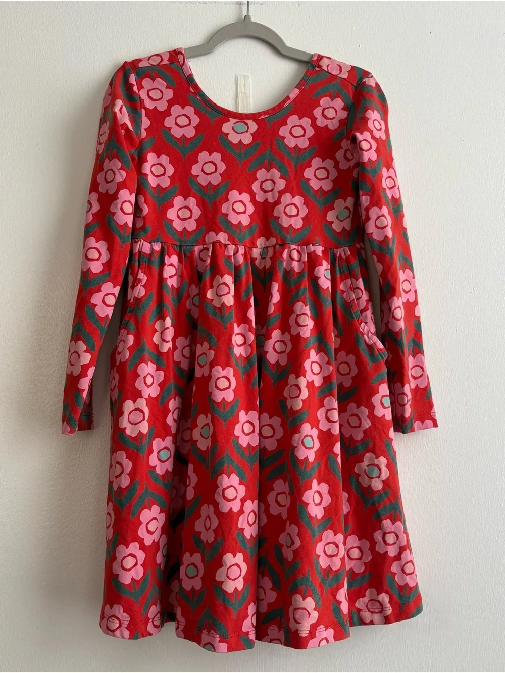 Hanna Andersson Red Floral A-Line Dress Girls 8 Long Sleeve Round Neck Knee